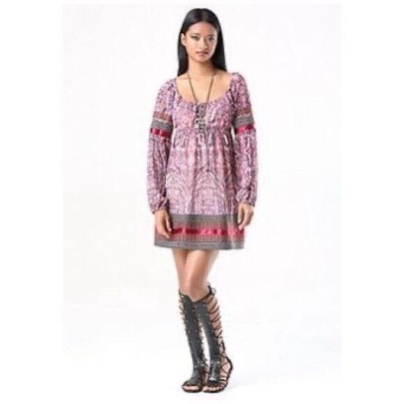 Bebe Fable boho embroidered satin trim balloon  sleeve mini dress women’s S NEW - Picture 4 of 13